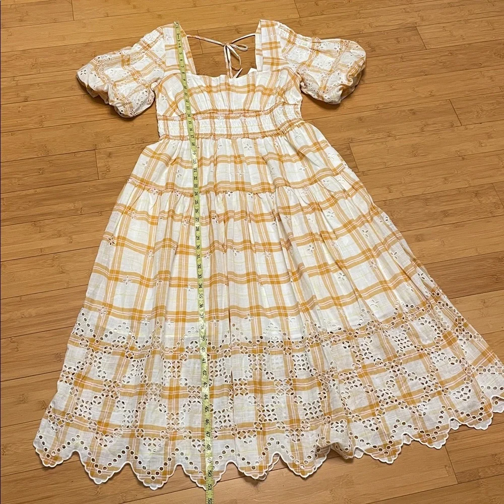 Anthropologie Puff-Sleeve Eyelet Midi Dress Size Large Smocked Plaid Yellow - Picture 17 of 17